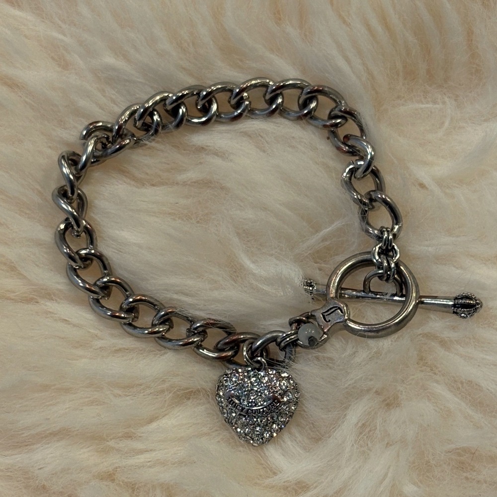 Juicy Couture Silver Pave Rhinestone Heart Toggle Curb Chain Bracelet Crown Y2K